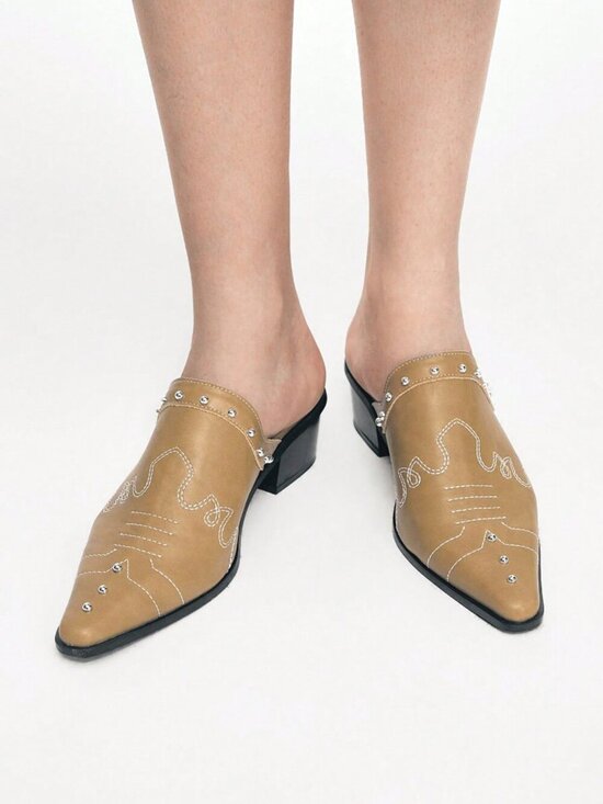 Shoes - Khaki Casual Women's Studded Decor Pointed Toe High Heel Mules